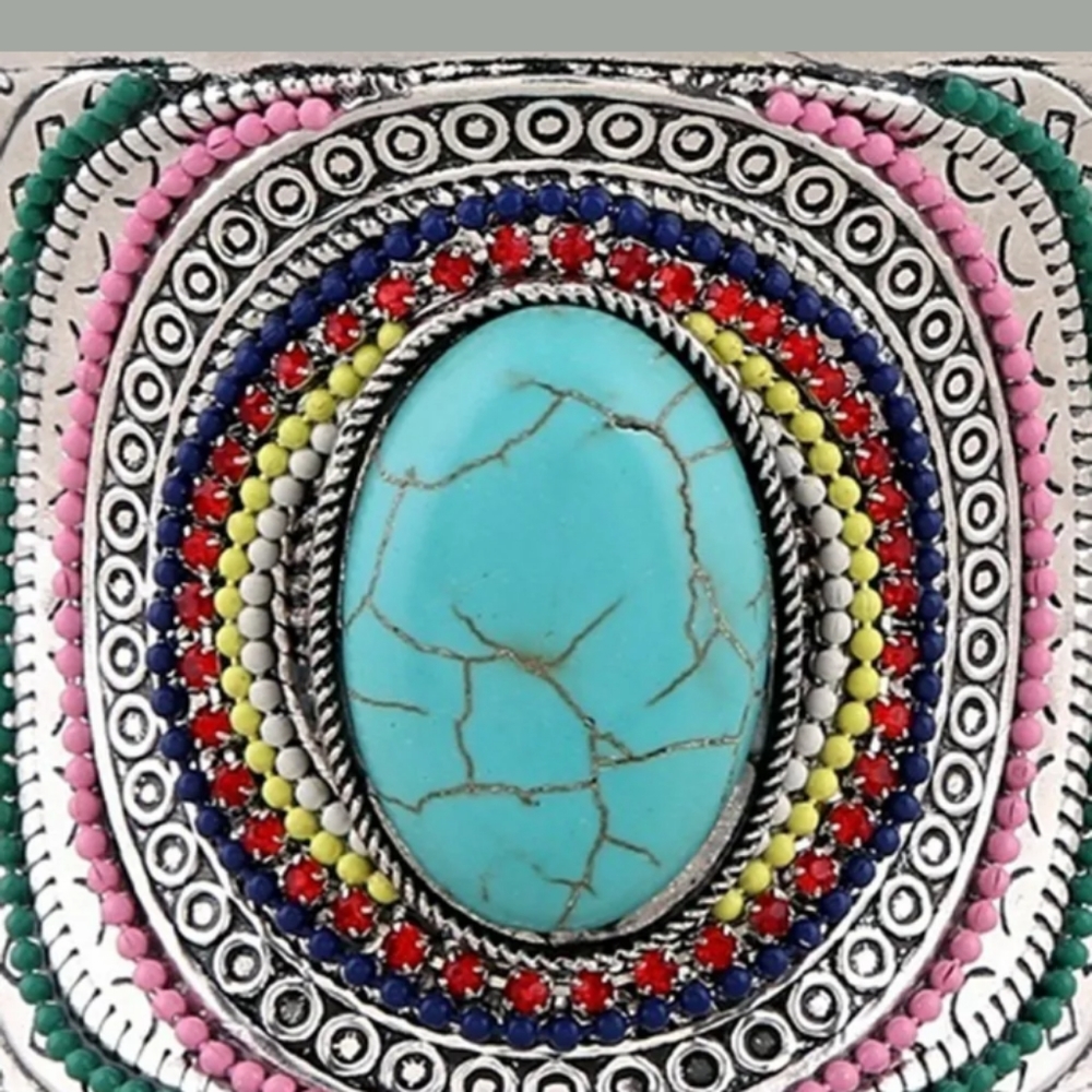 BOHO Silver Tone Turquoise Stone Cuff Bangle - Picture 3 of 5